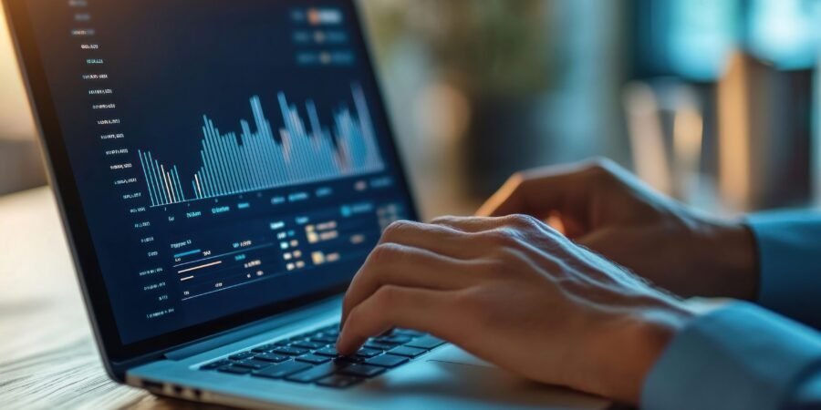 Businessman using a laptop computer charts analytics.